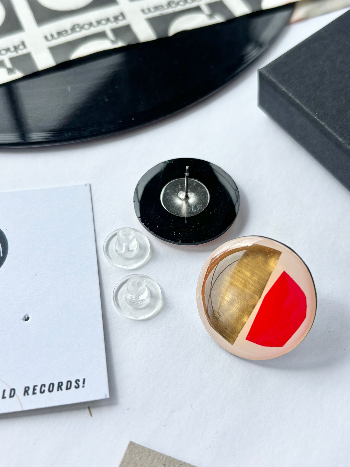 50% off large one of a kind mismatched studs in off white, lush gold, with pops of red, and blue | wearable art