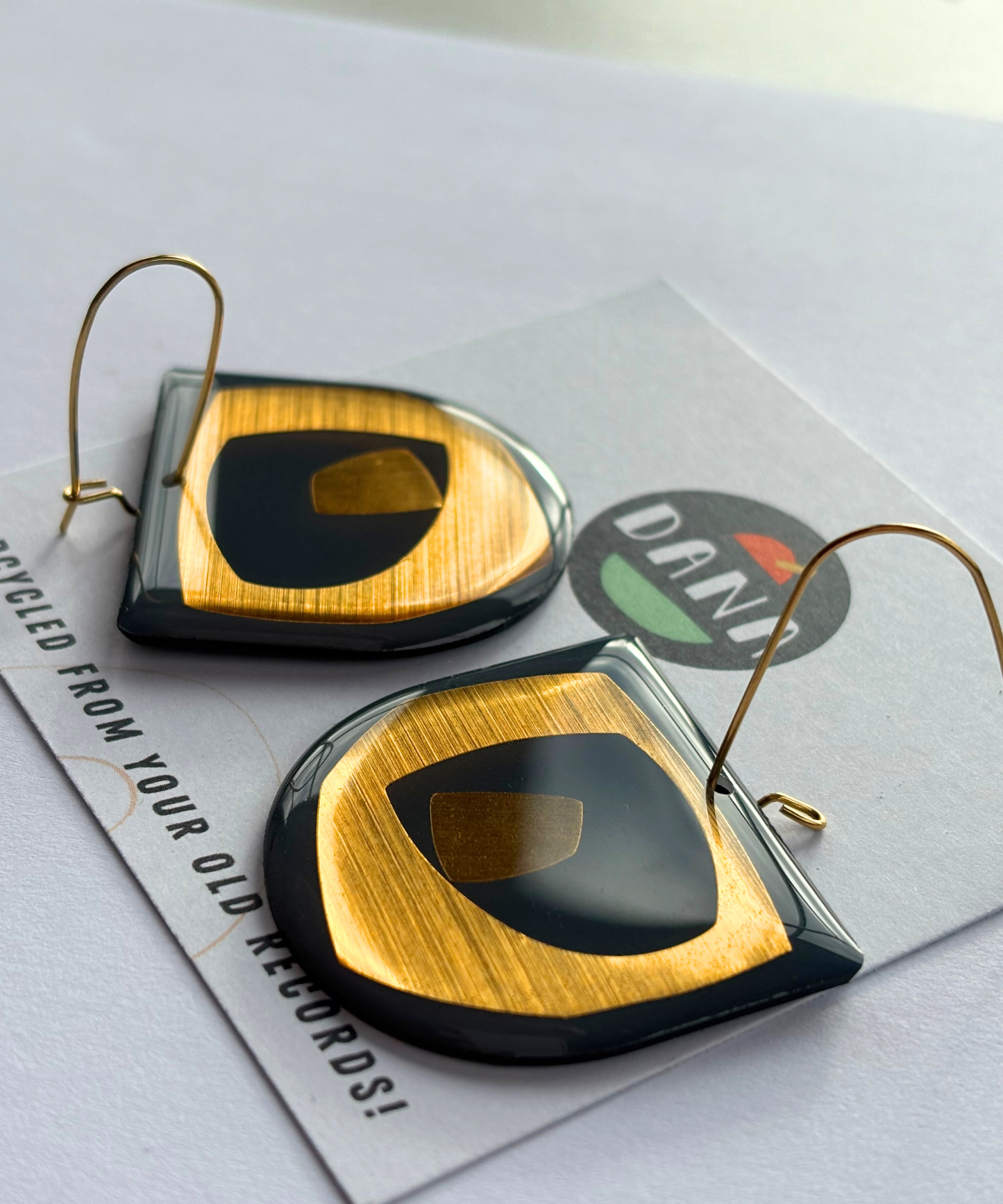 30% off bold art graphic earrings in deep blue grey and lush gold | Irish made earrings