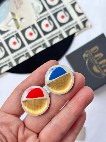 50% off large one of a kind mismatched studs in off white, lush gold, with pops of red, and blue | wearable art