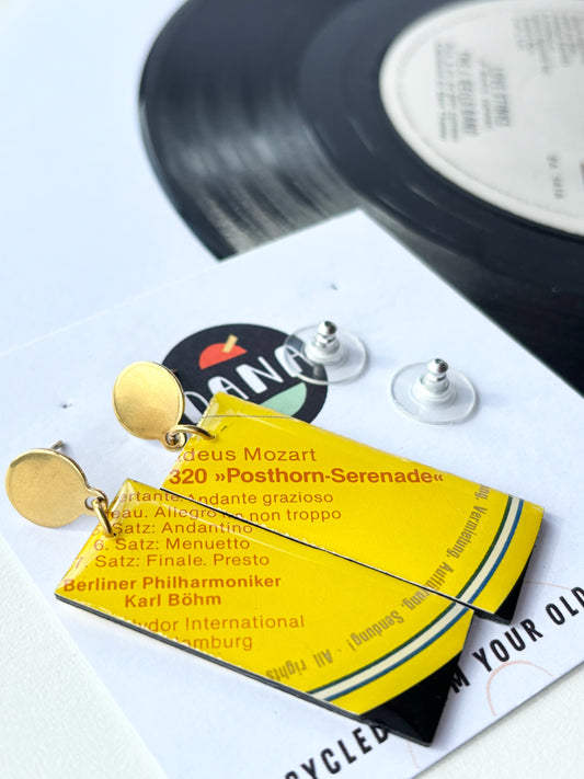MOZART in bright yellow recycled vinyl record earrings one of a kind