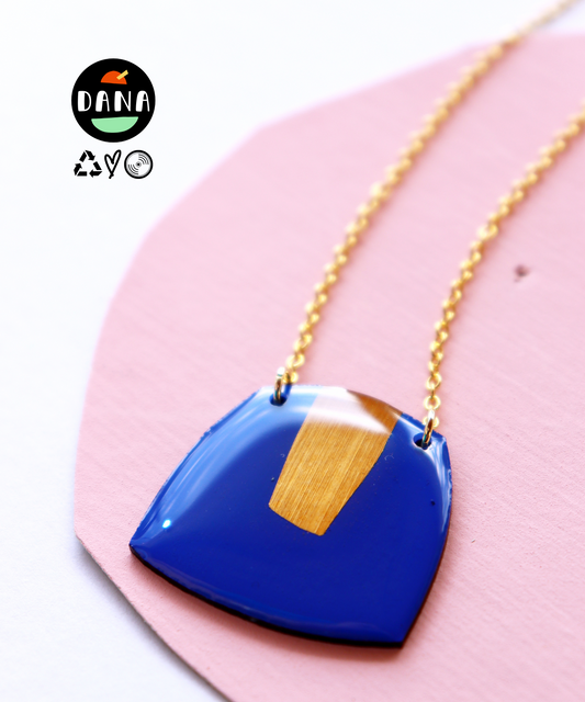 contemporary recycled vinyl record necklace in blue & gold / modern Irish design