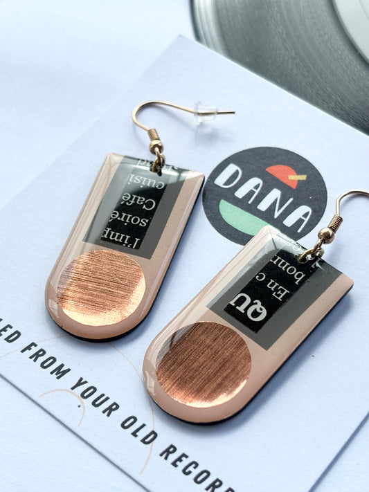 50% OFF unique art earrings made from vinyl record and a pop of copper
