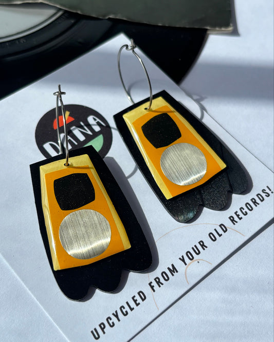 40% OFF Art earrings in black, yellow and silver upcycled from vinyl record