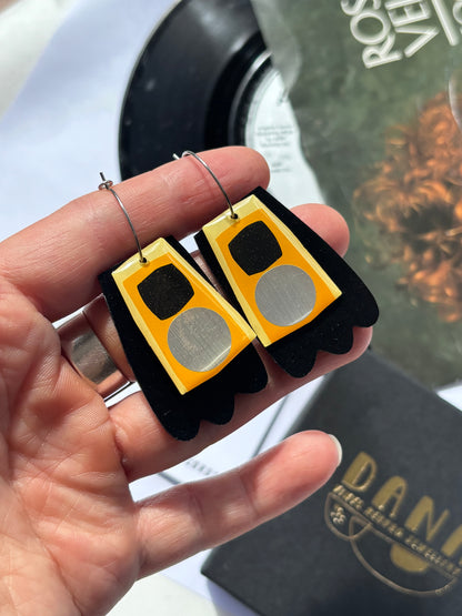 40% OFF Art earrings in black, yellow and silver upcycled from vinyl record
