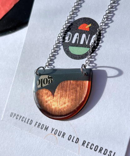 40% OFF / modern recycled vinyl record necklace in blue grey, copper and recycled paper detail
