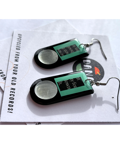 40% OFF unique art earrings made from vinyl record, recycled magazine, turquoise and silver detail