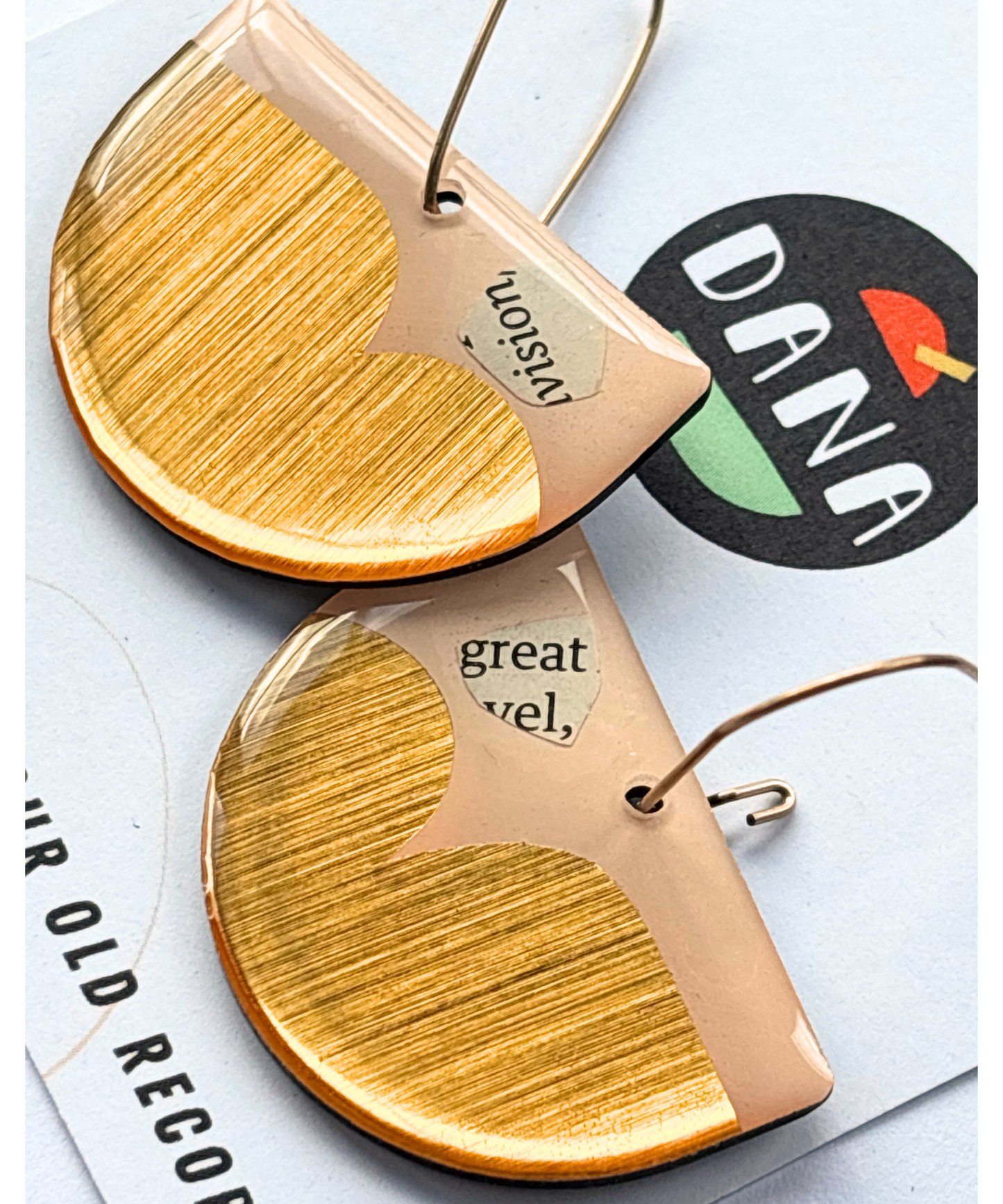 50% OFF / unique vinyl record earrings in pink and gold and a hint of recycled magazine paper