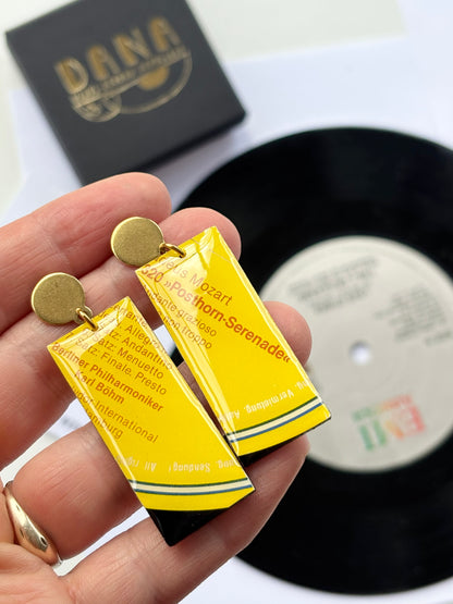 MOZART in bright yellow recycled vinyl record earrings one of a kind