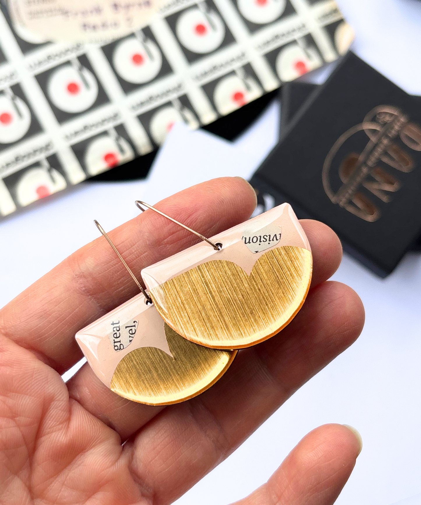 50% OFF / unique vinyl record earrings in pink and gold and a hint of recycled magazine paper