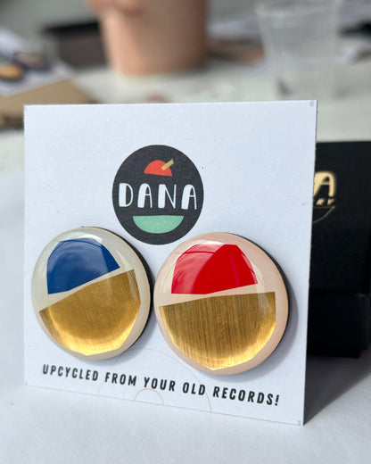 50% off large one of a kind mismatched studs in off white, lush gold, with pops of red, and blue | wearable art