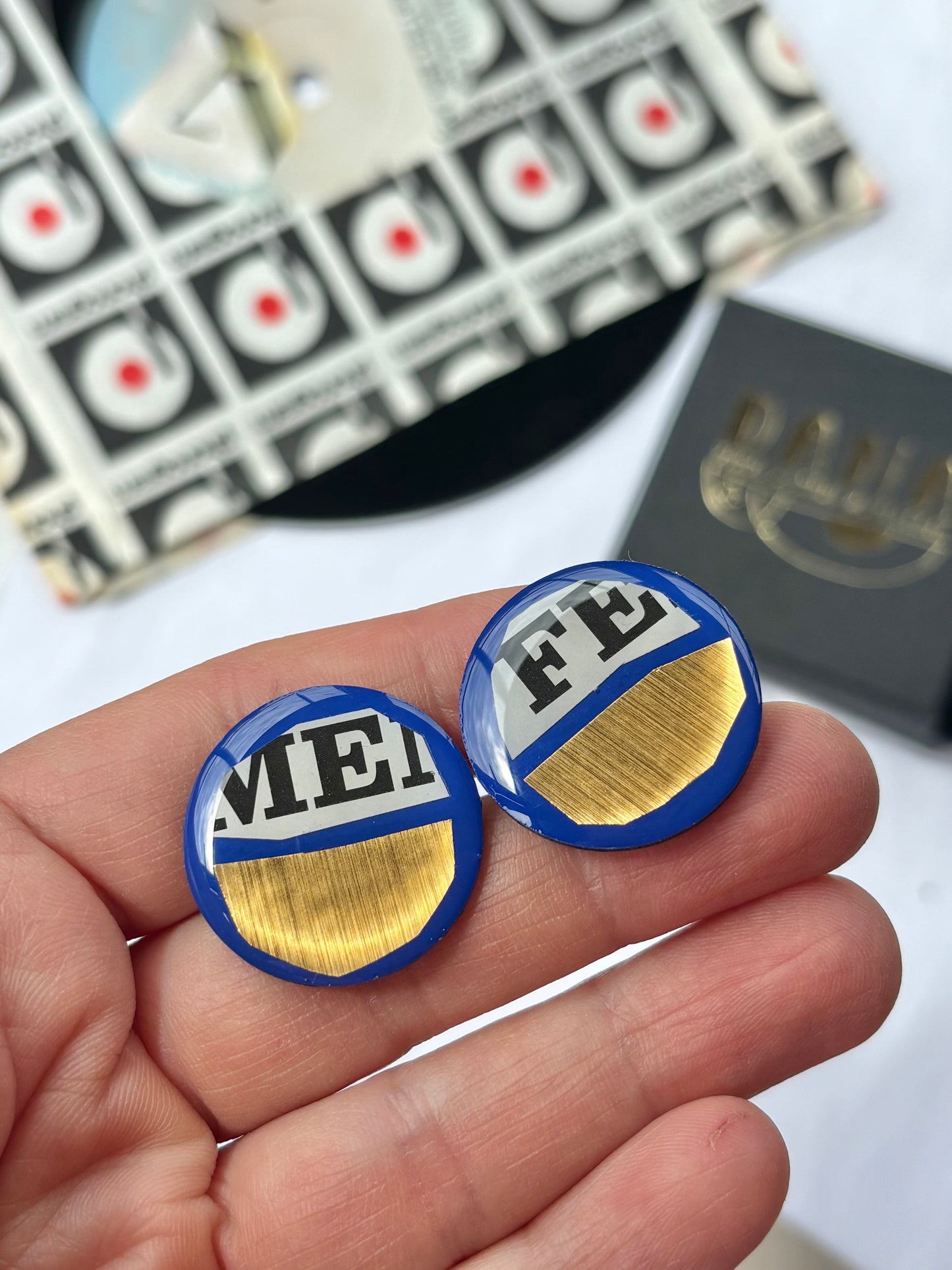 50% off large one of a kind studs in royal blue, lush gold, with recycled magazine details/ upcycled from your old records