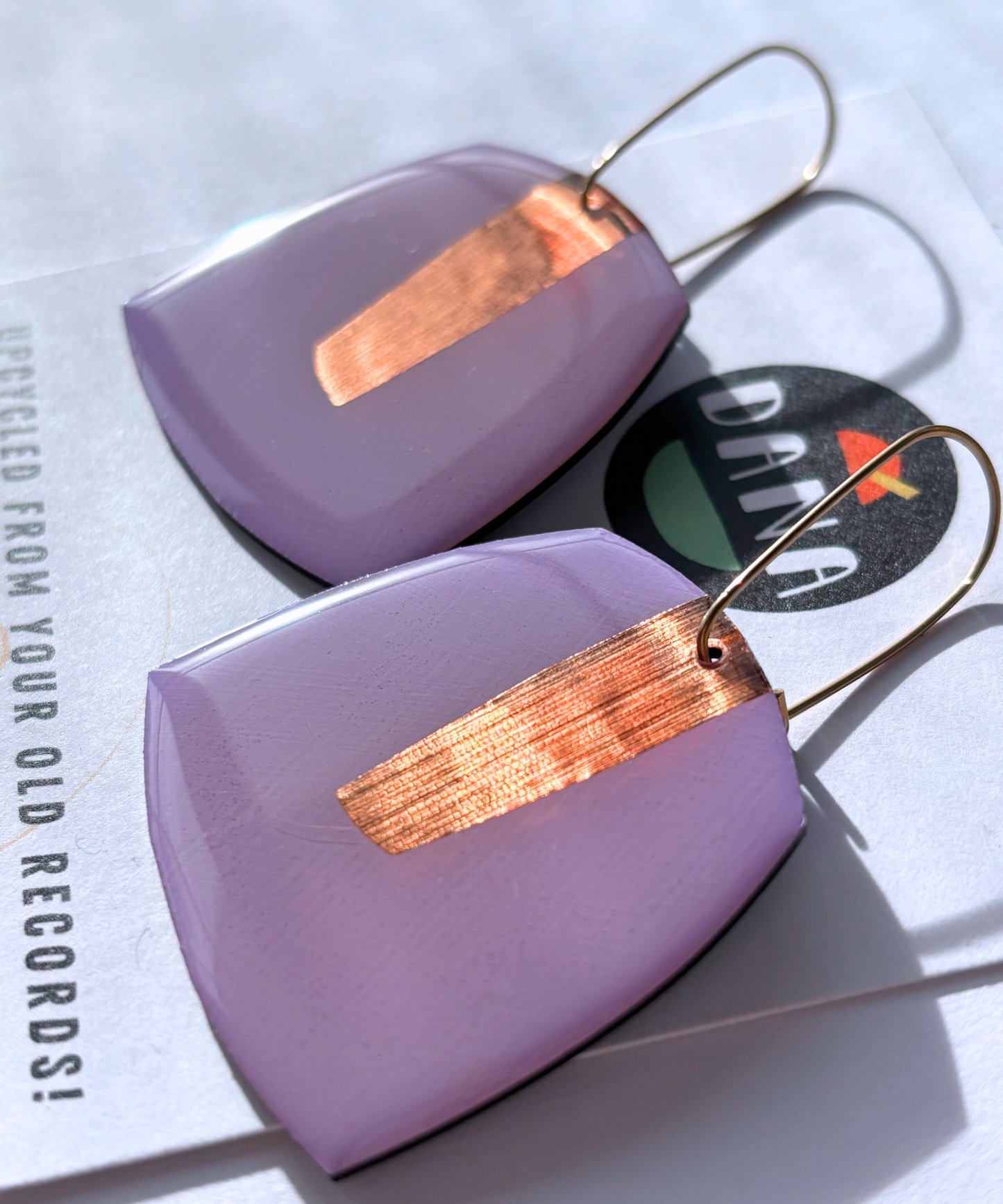 50% OFF / large upcycled contemporary earrings in light lilac and copper by DANA