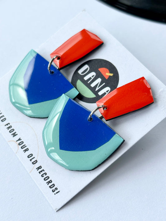 20% OFF colourful geometric earrings in deep orange and blue