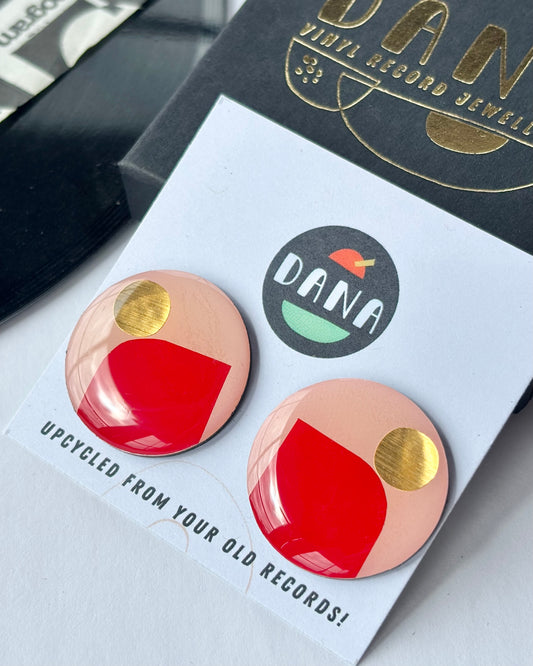 30% off large one of a kind studs in light pink, vibrant red, with lush pops of gold | contemporary art earrings