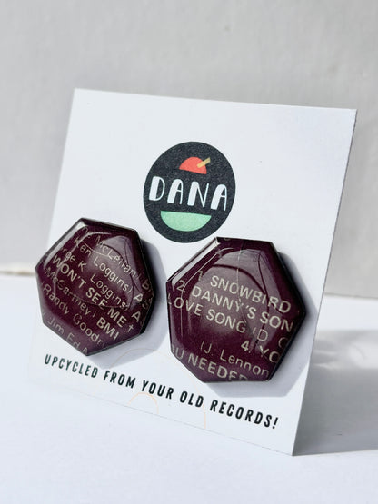 50% OFF large geometric one of a kind recycled vinyl record stud earrings in deep plum