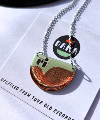 40% OFF / modern recycled vinyl record necklace in mint green, copper, and recycled paper detail