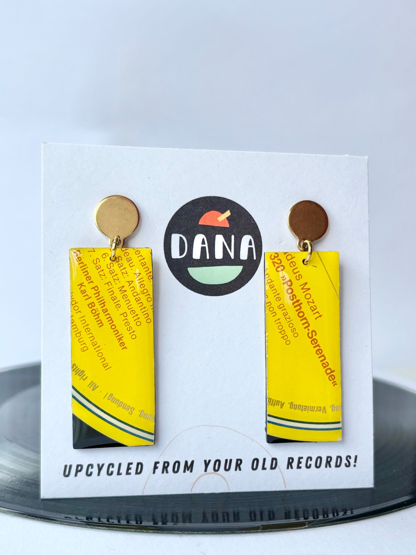 MOZART in bright yellow recycled vinyl record earrings one of a kind