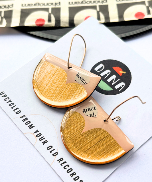 50% OFF / unique vinyl record earrings in pink and gold and a hint of recycled magazine paper
