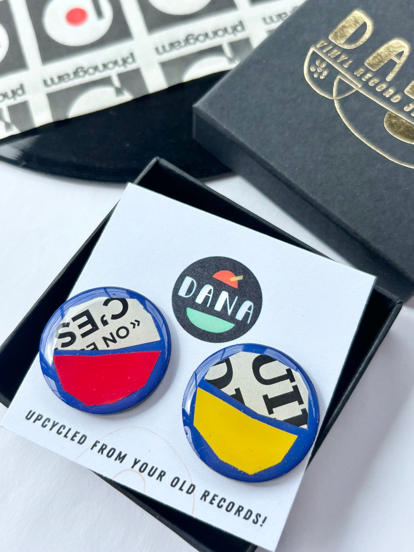 50% off statement large one of a kind studs royal blue, red, yellow, with recycled magazine paper | wearable art