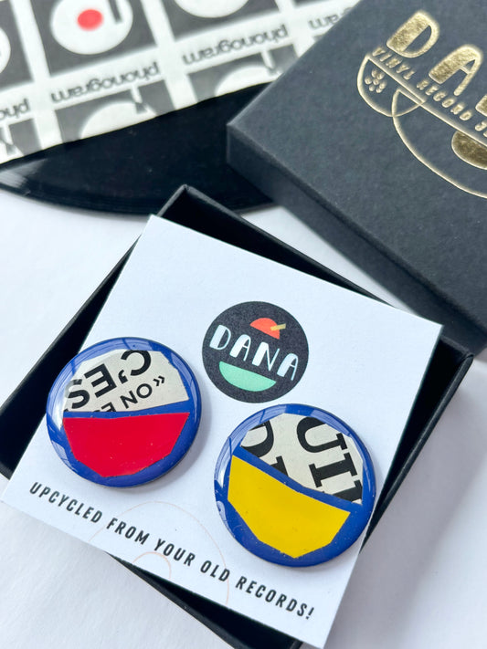 50% off statement large one of a kind studs royal blue, red, yellow, with recycled magazine paper | wearable art