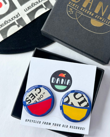 50% off statement large one of a kind studs royal blue, red, yellow, with recycled magazine paper | wearable art