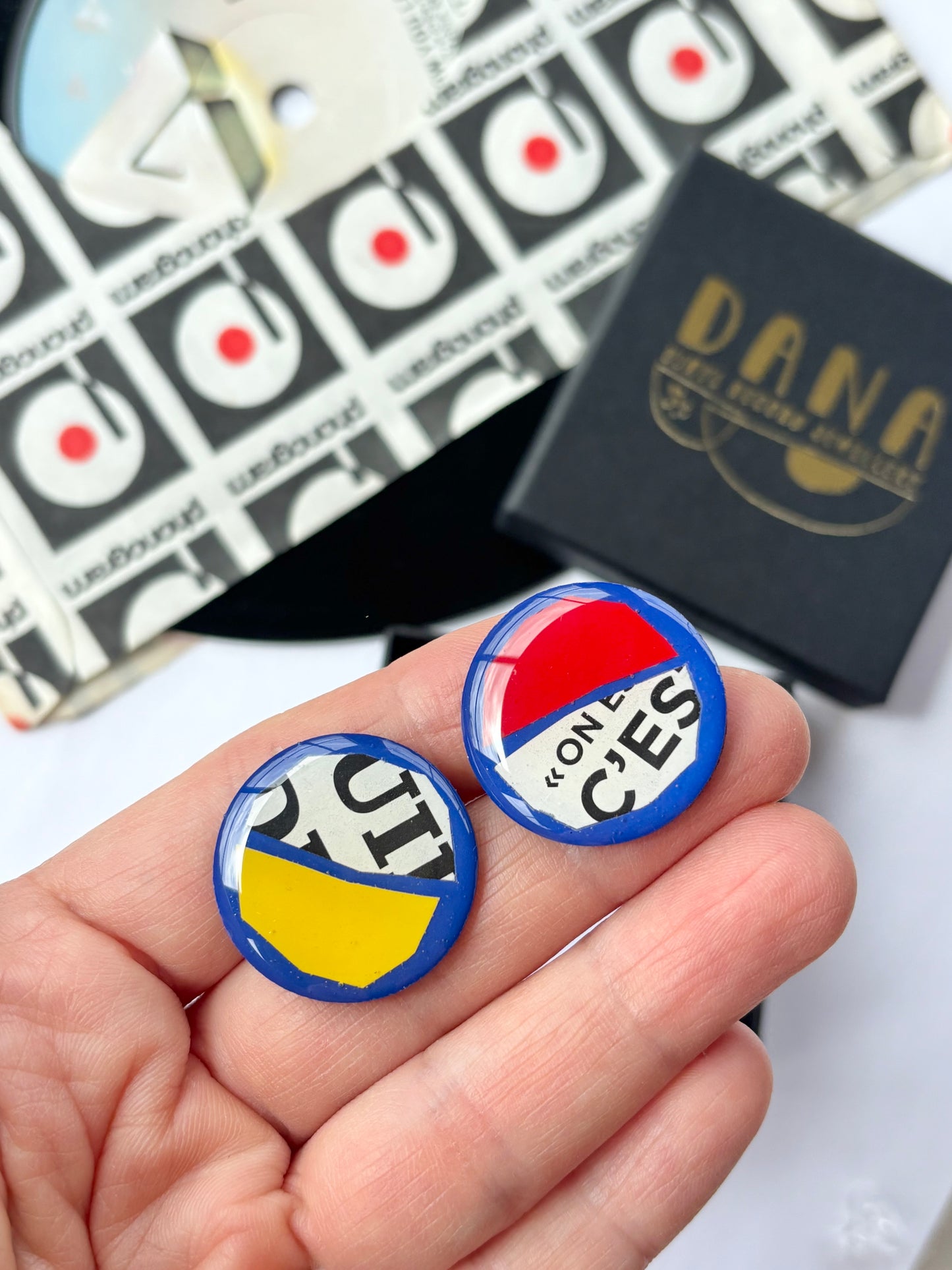 50% off statement large one of a kind studs royal blue, red, yellow, with recycled magazine paper | wearable art