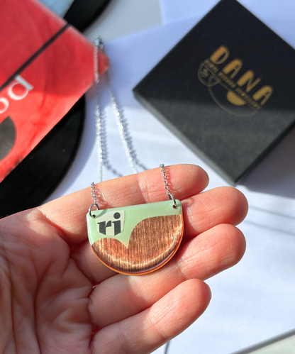 40% OFF / modern recycled vinyl record necklace in mint green, copper, and recycled paper detail