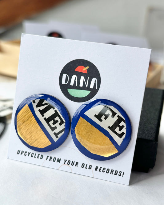 50% off large one of a kind studs in royal blue, lush gold, with recycled magazine details/ upcycled from your old records