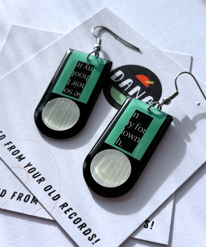 40% OFF unique art earrings made from vinyl record, recycled magazine, turquoise and silver detail