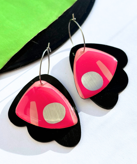 40% OFF / contemporary recycled art earrings in vibrant hot pink, silver and black / 2 sizes