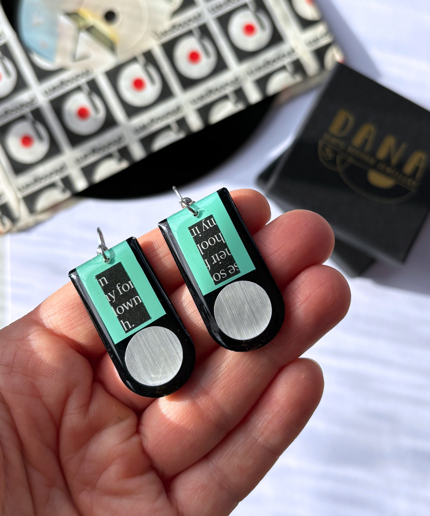 40% OFF unique art earrings made from vinyl record, recycled magazine, turquoise and silver detail