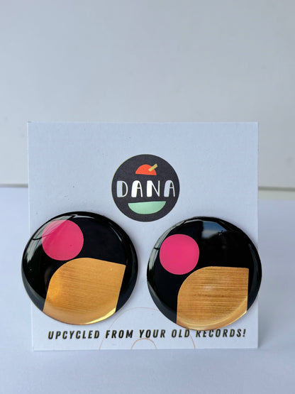 50% OFF X-LARGE STATEMENT upcycled vinyl record studs in black, gold, and pink