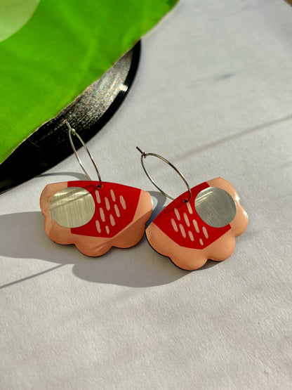 40% OFF / quirky upcycled vinyl record art earrings in red, silver and pink