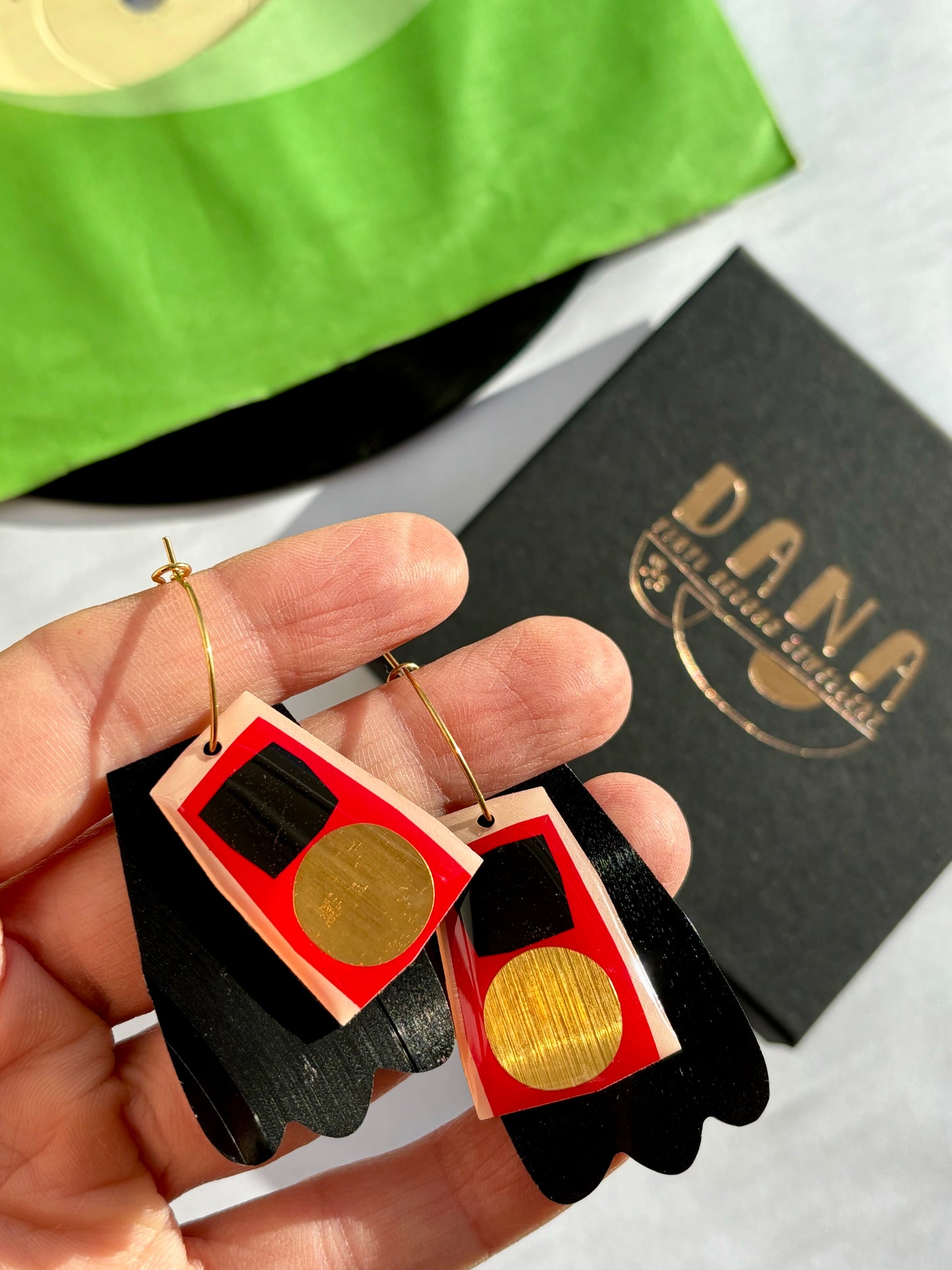 40% off / Upcycled contemporary earrings in red, black and gold/ recycled vinyl jewellery