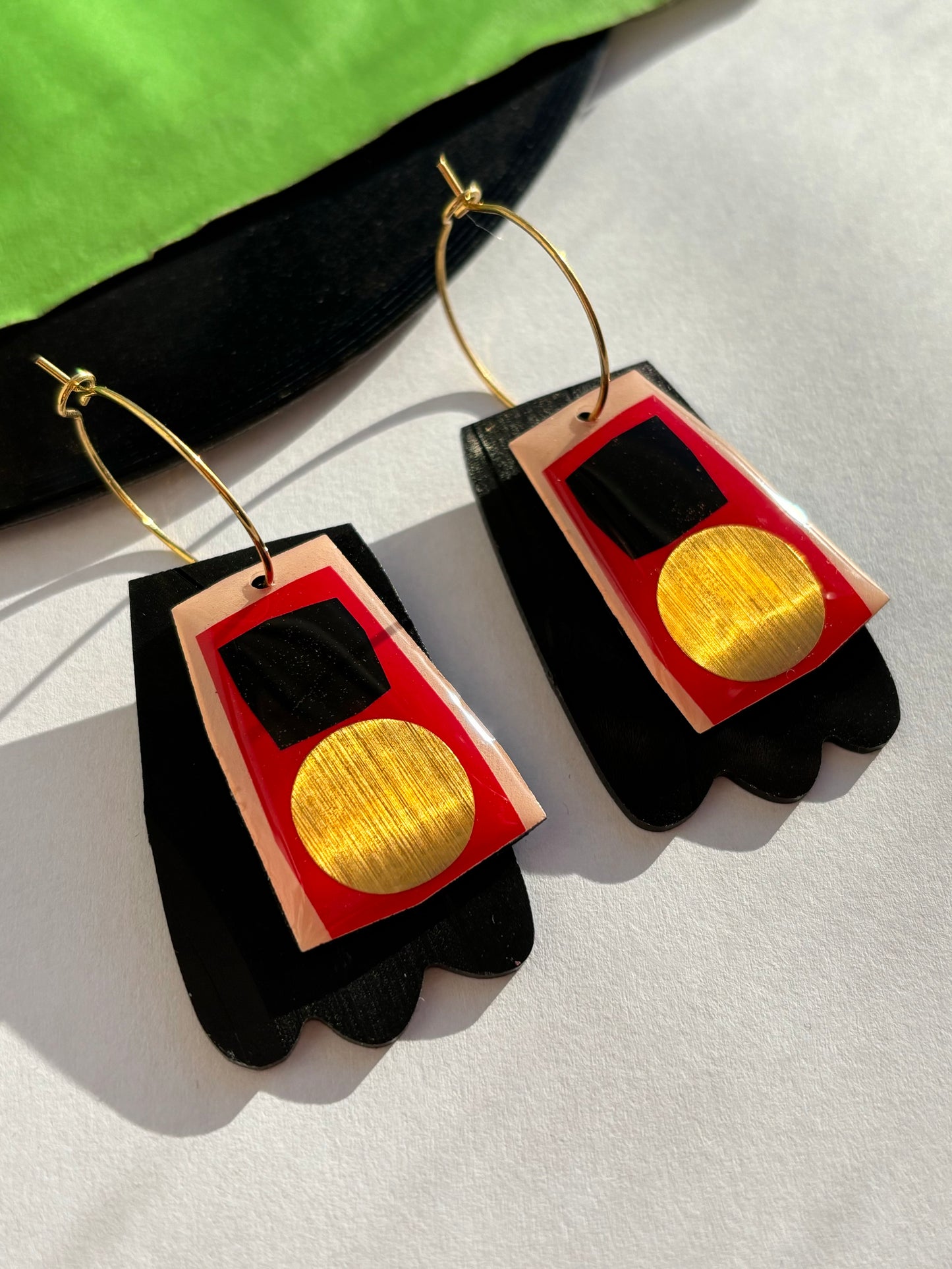 40% off / Upcycled contemporary earrings in red, black and gold/ recycled vinyl jewellery