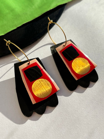 40% off / Upcycled contemporary earrings in red, black and gold/ recycled vinyl jewellery