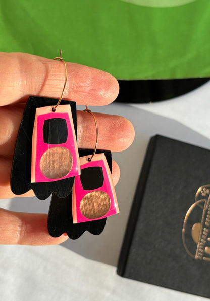 40% OFF Upcycled vinyl record earrings in hot pink, black and copper / unique Irish design