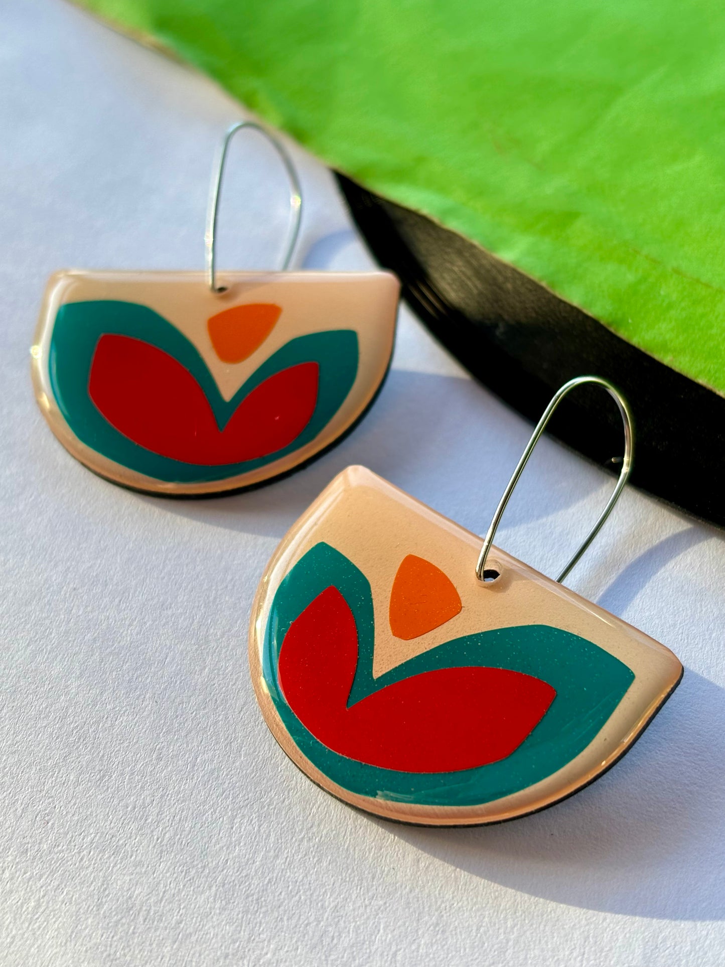 20% OFF contemporary repurposed earrings handmade in Ireland / tealy green, red, orange