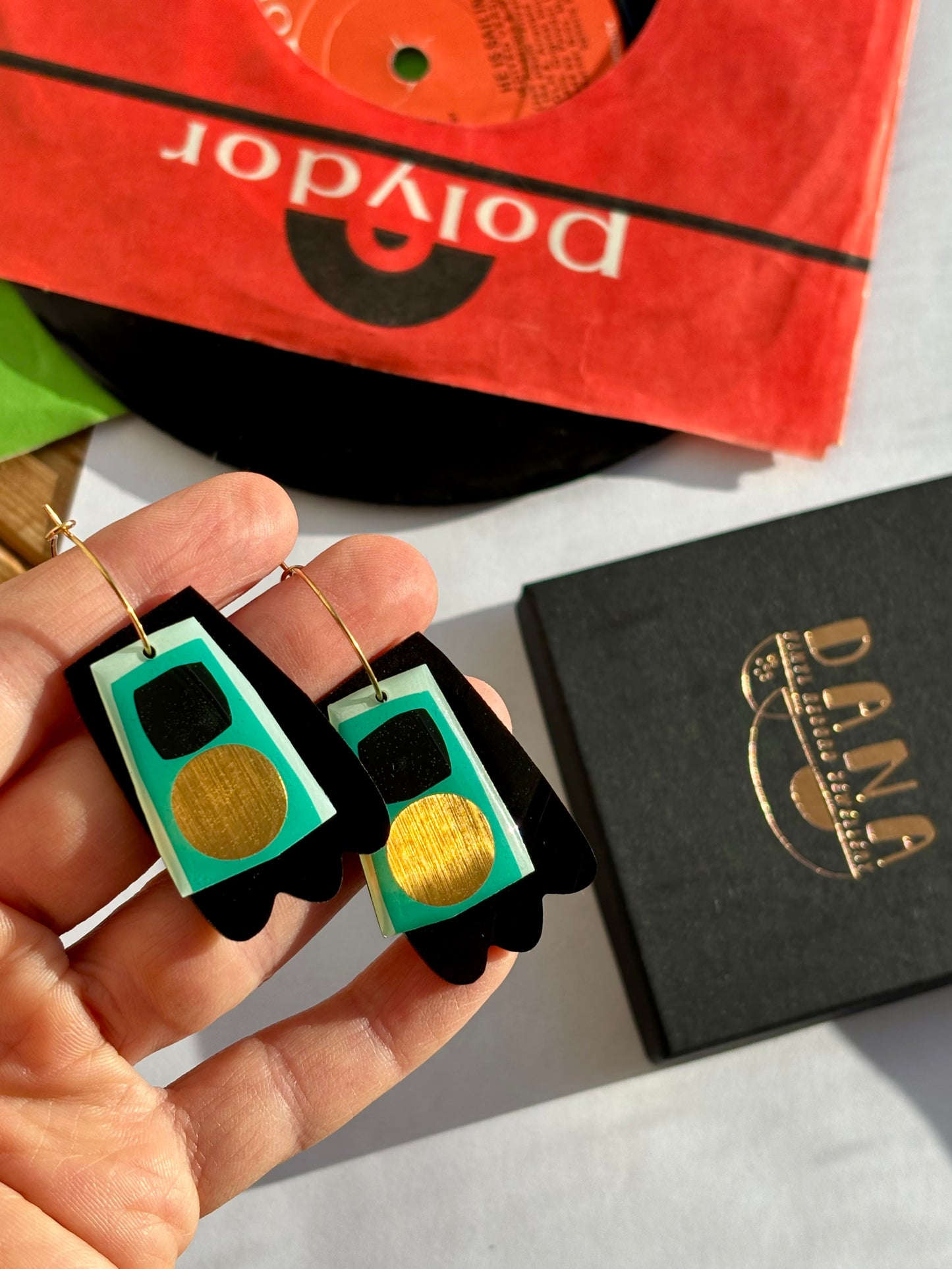 40% OFF Upcycled vinyl record earrings in turquoise black and gold/ unique Irish design