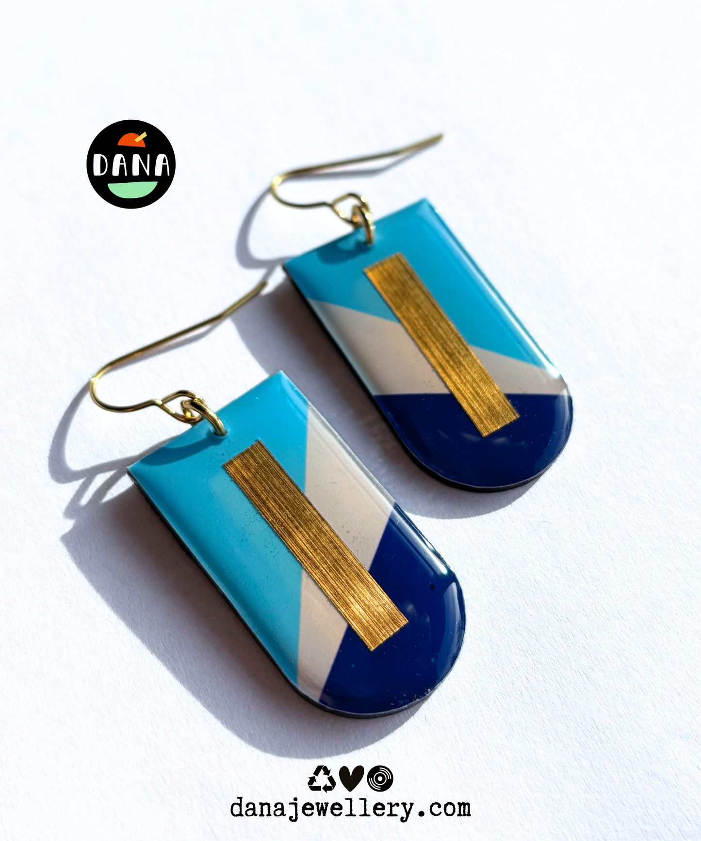 NINA in blue and gold / contemporary Irish earring design / mid-century modern vibe