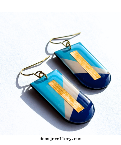 NINA in blue and gold / contemporary Irish earring design / mid-century modern vibe