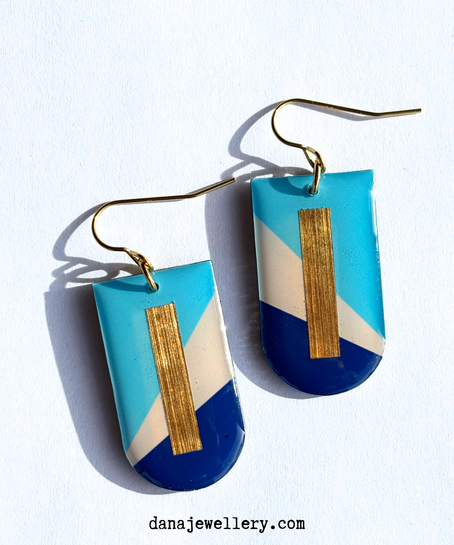 NINA in blue and gold / contemporary Irish earring design / mid-century modern vibe