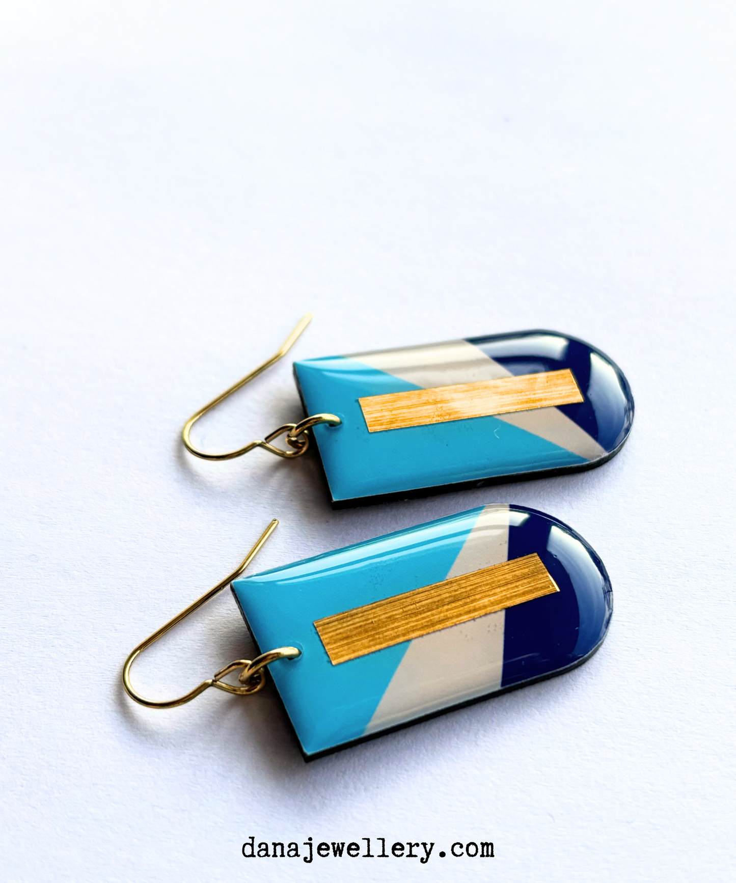 NINA in blue and gold / contemporary Irish earring design / mid-century modern vibe