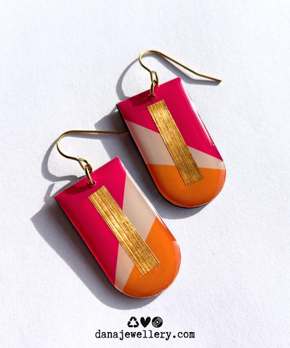 NINA recycled record earrings / elegant yet fun modern Irish jewellery design / hot pink, yellow and gold