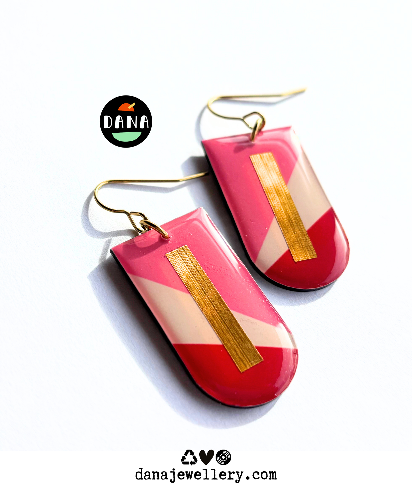 NINA unique upcycled vinyl earrings / mid-century modern vibe / unique recycled Irish design / red pink and gold