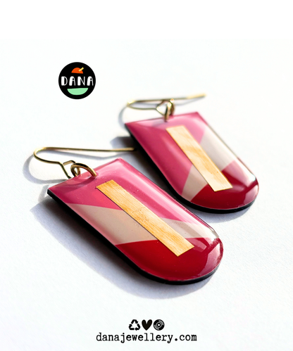 NINA unique upcycled vinyl earrings / mid-century modern vibe / unique recycled Irish design / red pink and gold