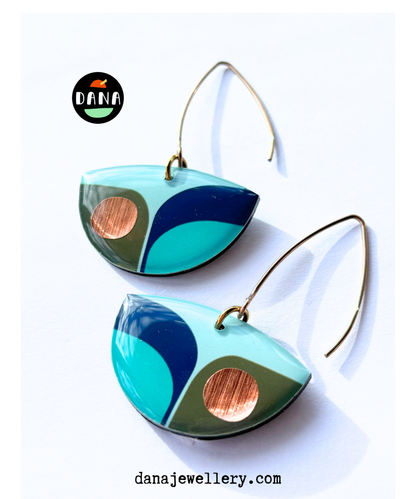 BEA colourful retro inspired recycled vinyl earrings in deep navy blue, olive green and light teal with a warm pop of copper