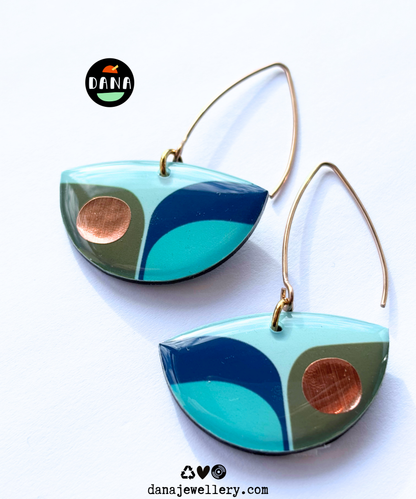 BEA colourful retro inspired recycled vinyl earrings in deep navy blue, olive green and light teal with a warm pop of copper