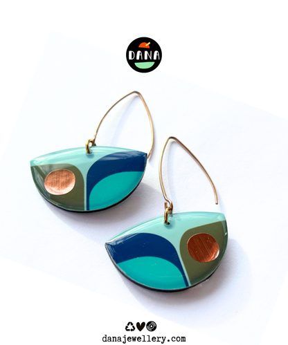 BEA colourful retro inspired recycled vinyl earrings in deep navy blue, olive green and light teal with a warm pop of copper