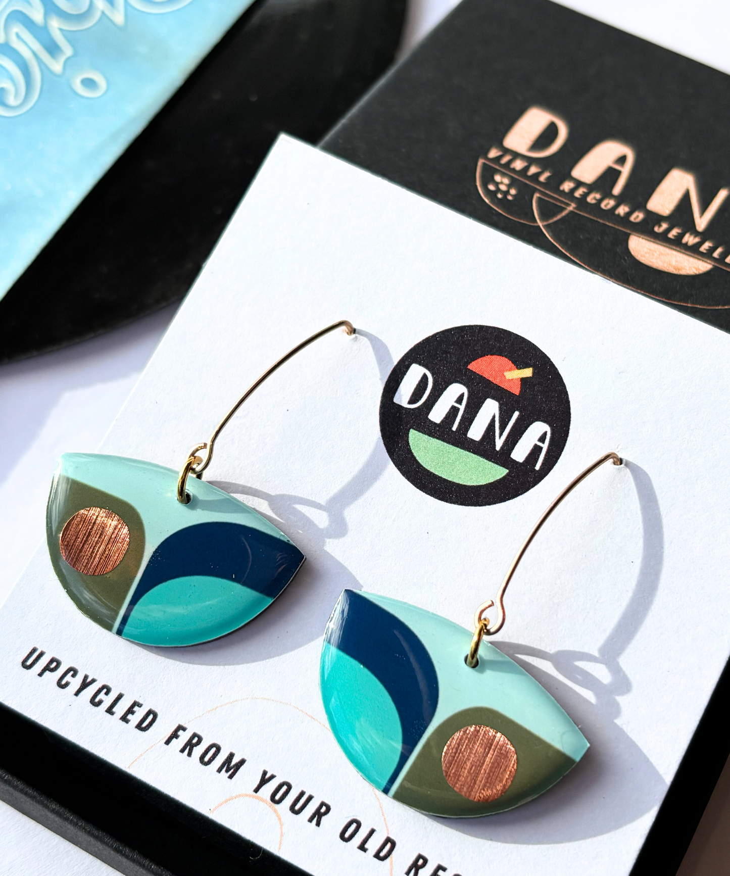 BEA colourful retro inspired recycled vinyl earrings in deep navy blue, olive green and light teal with a warm pop of copper